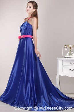 Blue Empire Halter Brush Beading Sashed Homecoming Dress