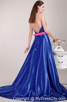 Blue Empire Halter Brush Beading Sashed Homecoming Dress