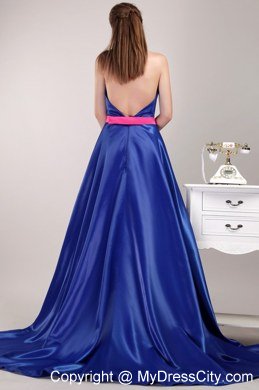 Blue Empire Halter Brush Beading Sashed Homecoming Dress