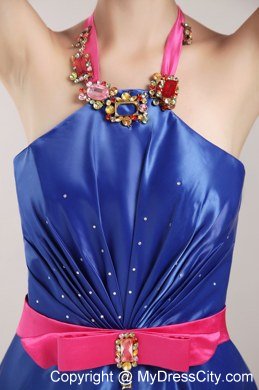 Blue Empire Halter Brush Beading Sashed Homecoming Dress