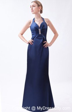 Navy Blue Halter Column Taffeta Homecoming Dress with Beading