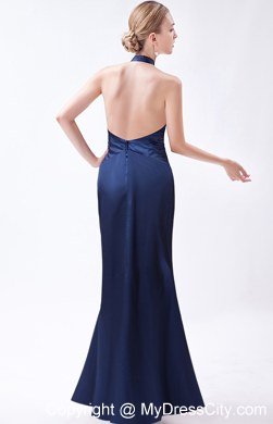 Navy Blue Halter Column Taffeta Homecoming Dress with Beading