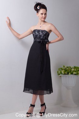 Black Tea-length Strapless Homecoming Dress Chiffon Sashed