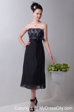 Black Tea-length Strapless Homecoming Dress Chiffon Sashed