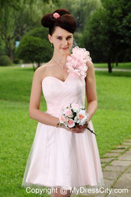 One Shoulder Light Pink Mini Hand Flowers Homecoming Dress