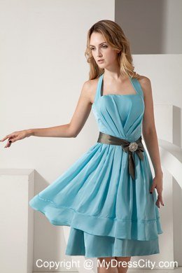 A-line Short Aqua Blue Halter Homecoming Dress Taffeta Sashed