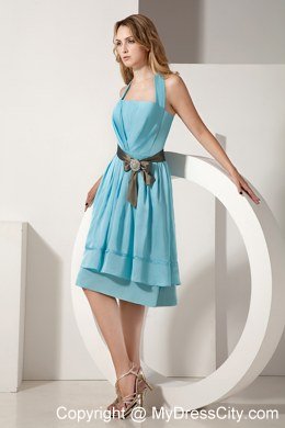 A-line Short Aqua Blue Halter Homecoming Dress Taffeta Sashed