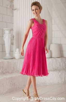 Tea-length Hot Pink Straps Organza Pleated Homecoming Dress