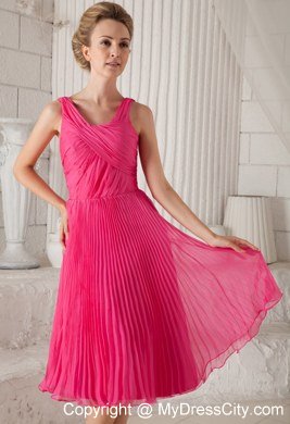 Tea-length Hot Pink Straps Organza Pleated Homecoming Dress