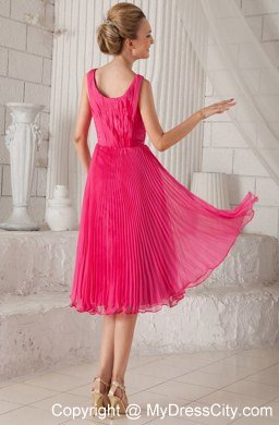 Tea-length Hot Pink Straps Organza Pleated Homecoming Dress