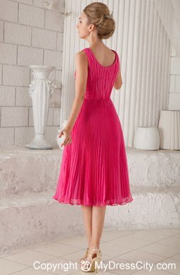 Tea-length Hot Pink Straps Organza Pleated Homecoming Dress