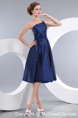 Navy Blue One Shoulder Floral Taffeta Homecoming Dress 2013