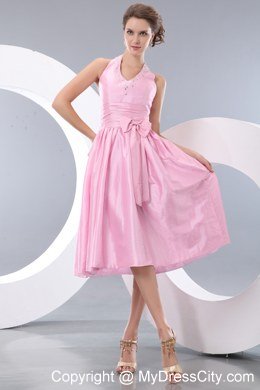 Pink Beaded Bowknot Halter Top Tea-length Homecoming Dress