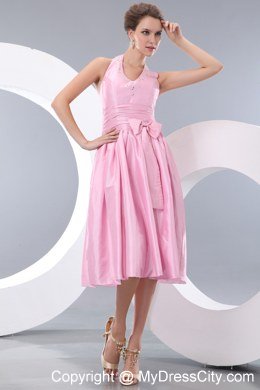 Pink Beaded Bowknot Halter Top Tea-length Homecoming Dress