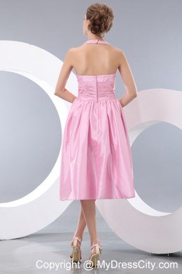 Pink Beaded Bowknot Halter Top Tea-length Homecoming Dress