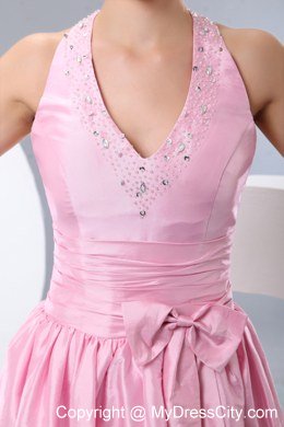 Pink Beaded Bowknot Halter Top Tea-length Homecoming Dress