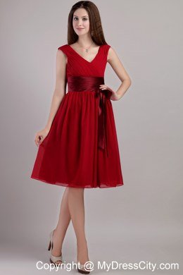 V-neck Ruching Maid of Honor Dress with Satin Sash and Bowknot