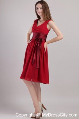 V-neck Ruching Maid of Honor Dress with Satin Sash and Bowknot