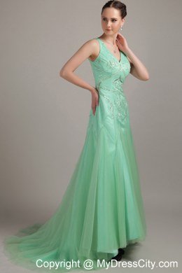 Apple Green Sweep Train Homecoming Dress V- neck Tulle Beaded