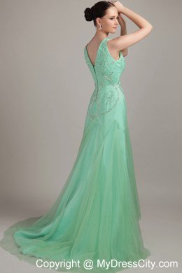 Apple Green Sweep Train Homecoming Dress V- neck Tulle Beaded