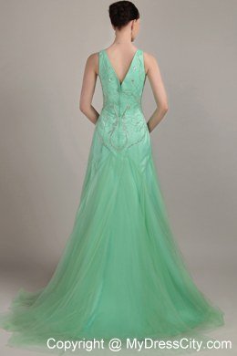 Apple Green Sweep Train Homecoming Dress V- neck Tulle Beaded