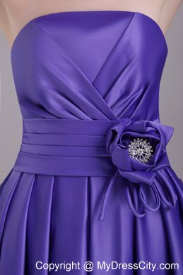 Strapless Satin Short Homecoming Dress with Purple Flower