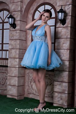 Aqua Blue V-neck Mini-length Organza Beaded Homecoming Dress