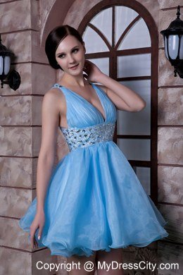 Aqua Blue V-neck Mini-length Organza Beaded Homecoming Dress