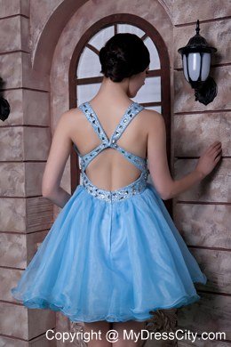 Aqua Blue V-neck Mini-length Organza Beaded Homecoming Dress