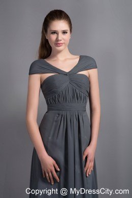 Cheap Grey Ruches Asymmetrical Cap Sleeves Prom Celebrity Dress