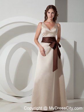 Champagne V-neck Sash Satin Prom Formal Dress in 2013