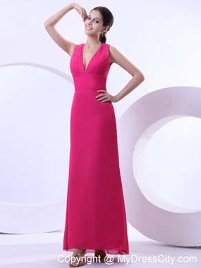 2013 Simple Red V-neck Long Prom Party Dress with Ruches