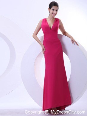 2013 Simple Red V-neck Long Prom Party Dress with Ruches