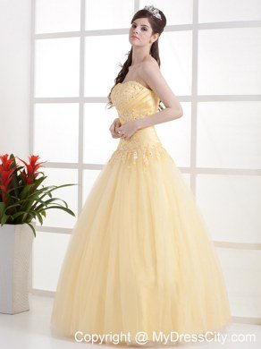 2013 Gold Beautiful Strapless Prom Dress Appliques With Lace-up