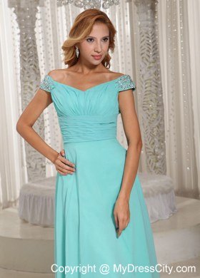 Simple Turquoise Off The Shoulder Ruched Prom Dress With Chiffon