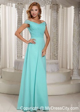 Simple Turquoise Off The Shoulder Ruched Prom Dress With Chiffon