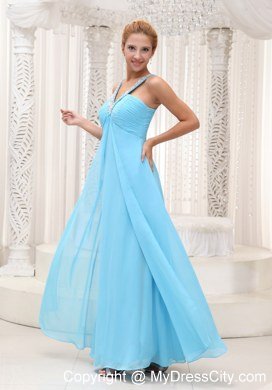 Aqua Blue Straps Empire Prom Dress with Ruches For Women