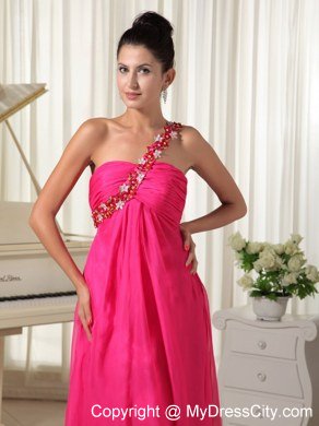 Hot Pink Watteau Train Beading One Shoulder Prom Dress