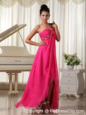 Hot Pink Watteau Train Beading One Shoulder Prom Dress