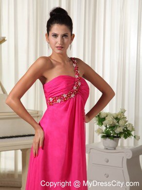 Hot Pink Watteau Train Beading One Shoulder Prom Dress