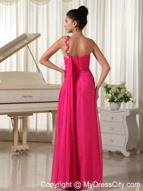 Hot Pink Watteau Train Beading One Shoulder Prom Dress