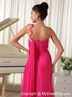 Hot Pink Watteau Train Beading One Shoulder Prom Dress