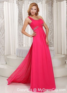 Coral Red One Shoulder Ruches Prom Dress With Watteau Train