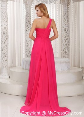 Coral Red One Shoulder Ruches Prom Dress With Watteau Train