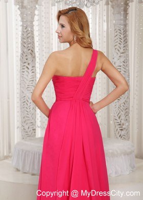 Coral Red One Shoulder Ruches Prom Dress With Watteau Train