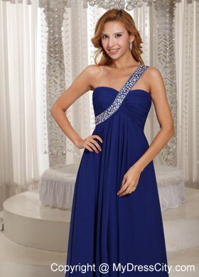 One Shoulder Navy Blue Chiffon With Beading Prom Dress For Party