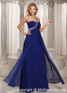 One Shoulder Navy Blue Chiffon With Beading Prom Dress For Party