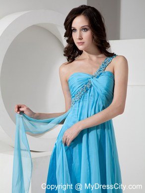 Discount Baby Blue One Shoulder Junior Prom Dress with Beading