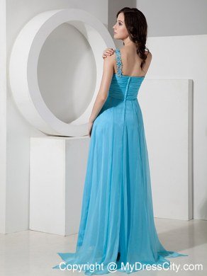 Discount Baby Blue One Shoulder Junior Prom Dress with Beading