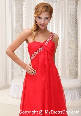 Red One Shoulder Empire Chiffon beading and ruches Prom Dress